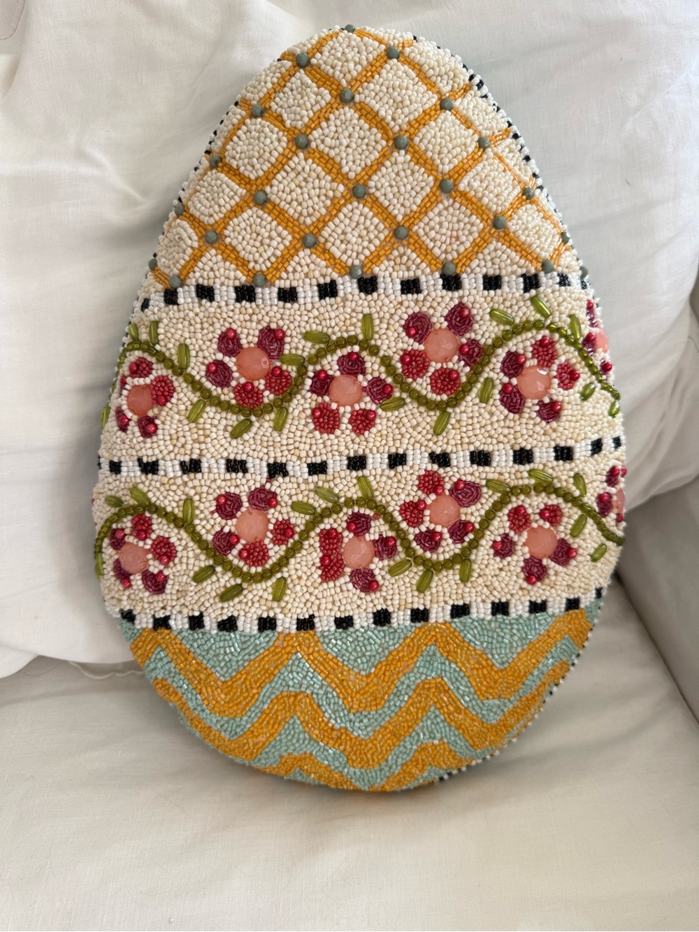 Mackenzie Childs Hitchcock Field Beaded Floral Egg Accent Pillow